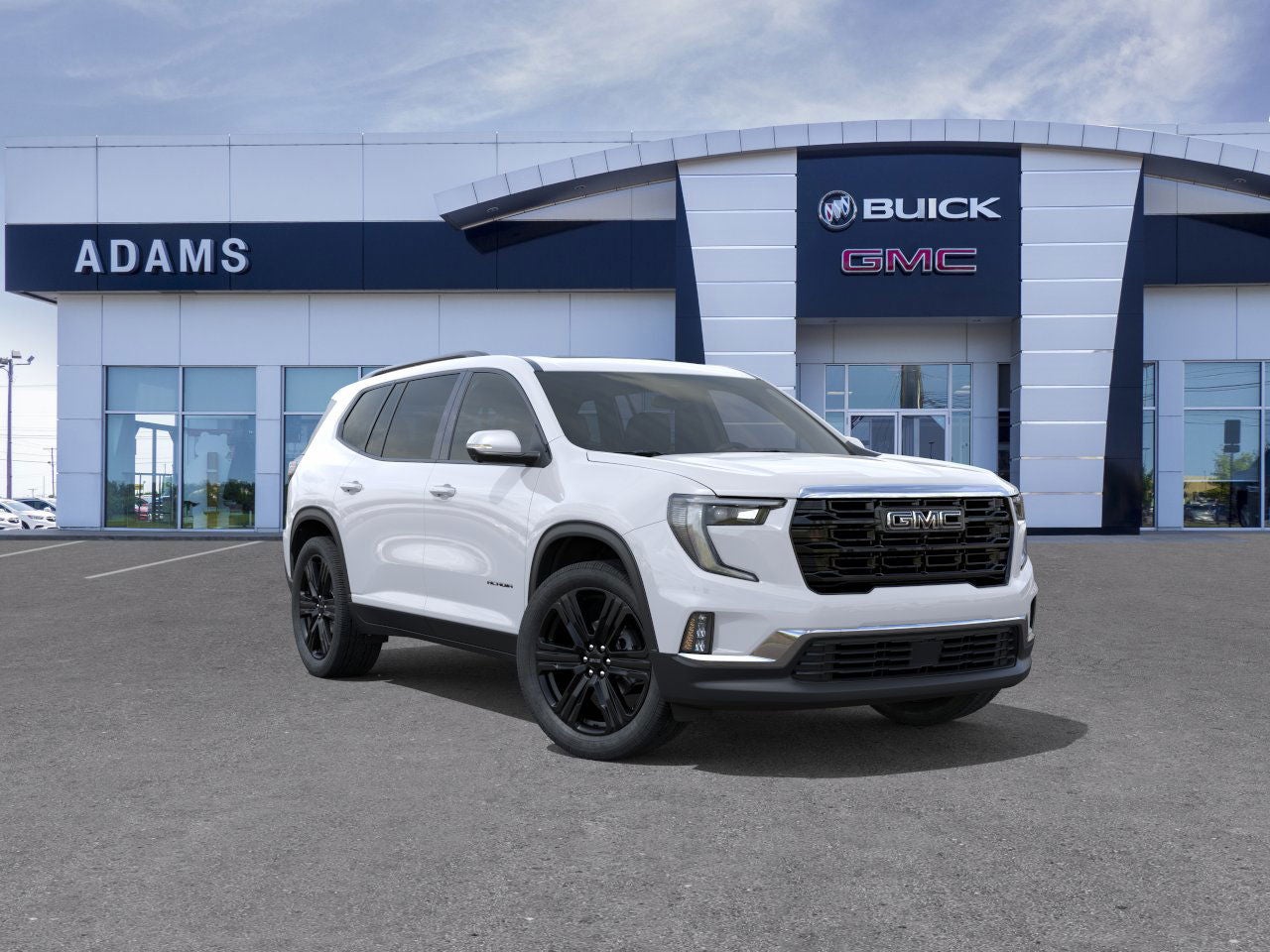 2026 GMC Acadia Elevation in Summit White — front three-quarter view