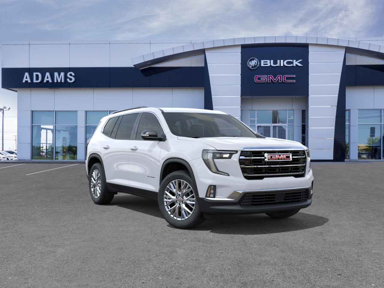 2026 GMC Acadia Elevation in Summit White — front three-quarter view